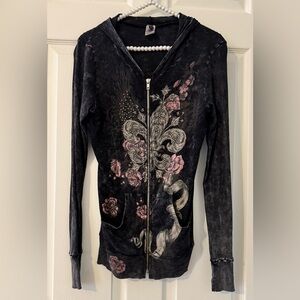 Dark Grey Lightweight Hoodie with Fleur de Lis,Roses and Ribbon with Rhinestones